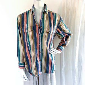 Vintage Multi Color Striped Shirt Boyfriend Button Down Cotton Shirt Long Sleeve